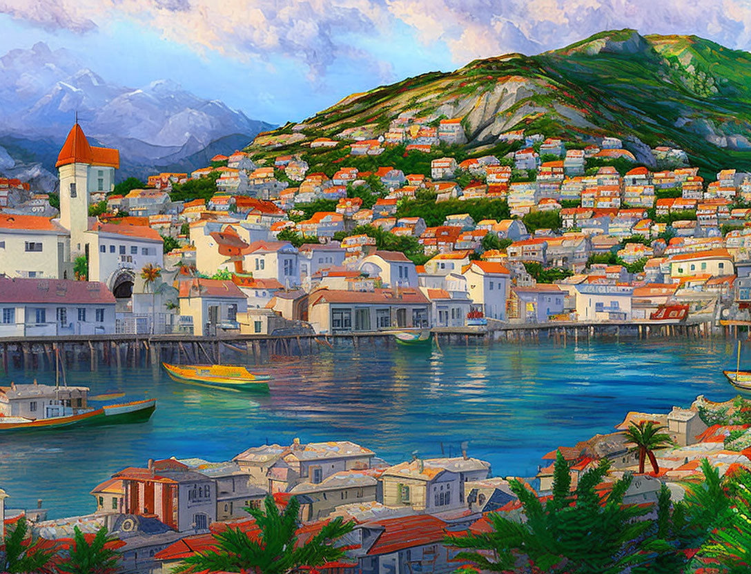 Scenic coastal town with terracotta rooftops, bay, boats, and mountains.