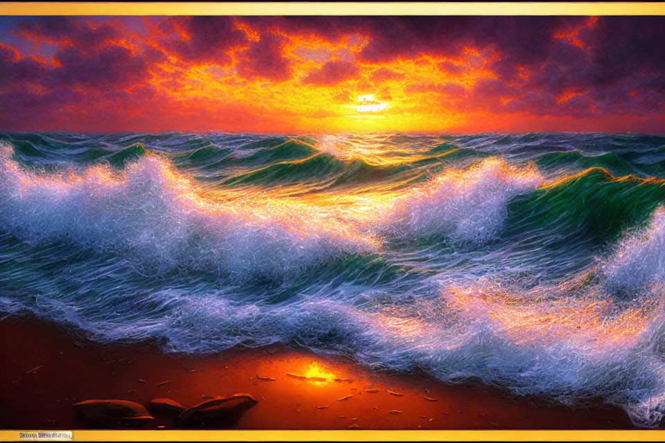 Vivid orange sunset over turbulent ocean with crashing waves