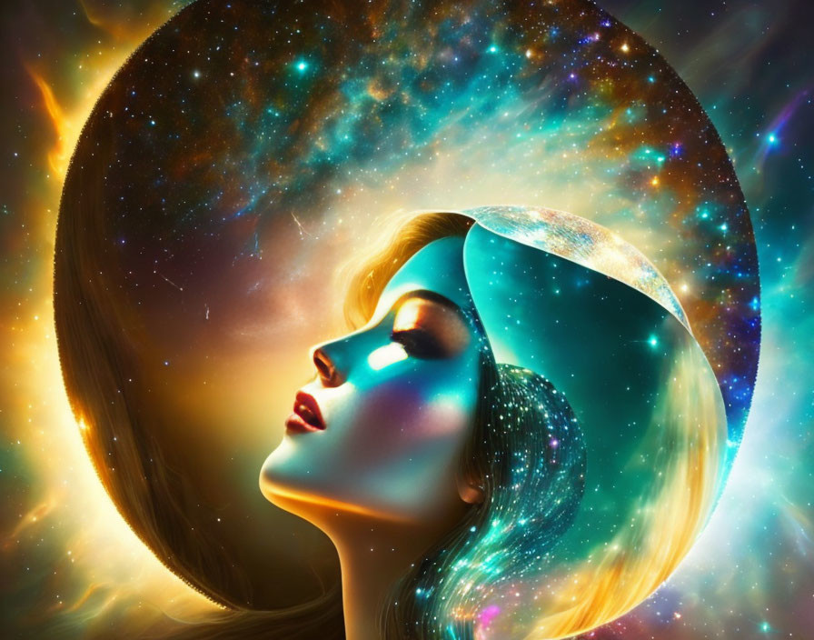 Woman's profile merges with cosmic starscape in digital artwork