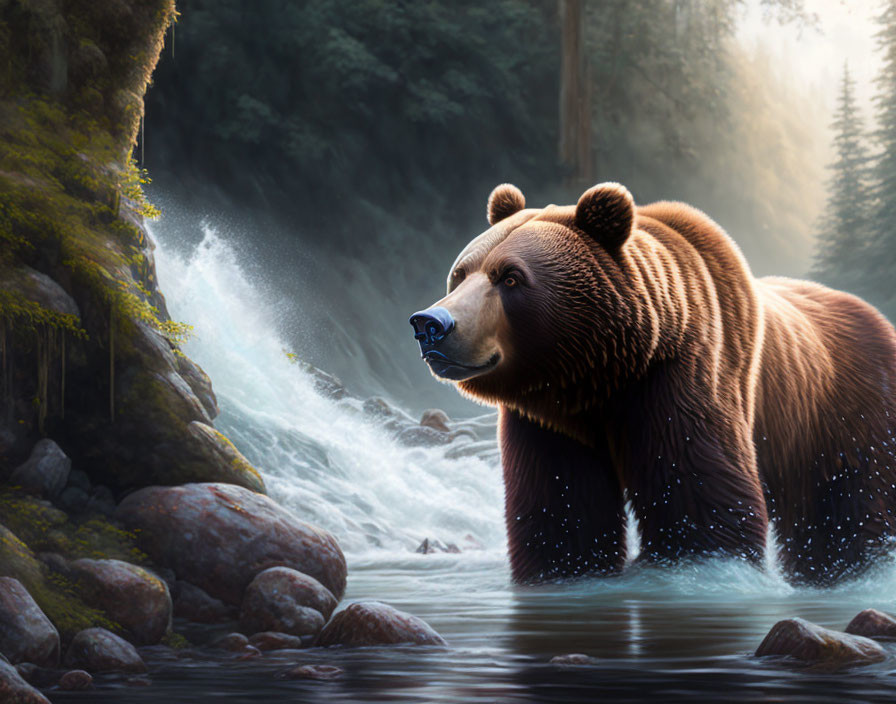 Brown bear in tranquil river with forest and waterfall scenery