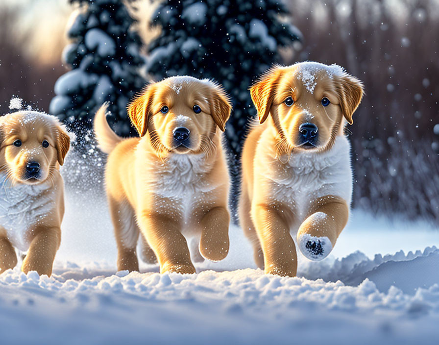 Three Golden Retriever Puppies Playing in Snowy Landscape