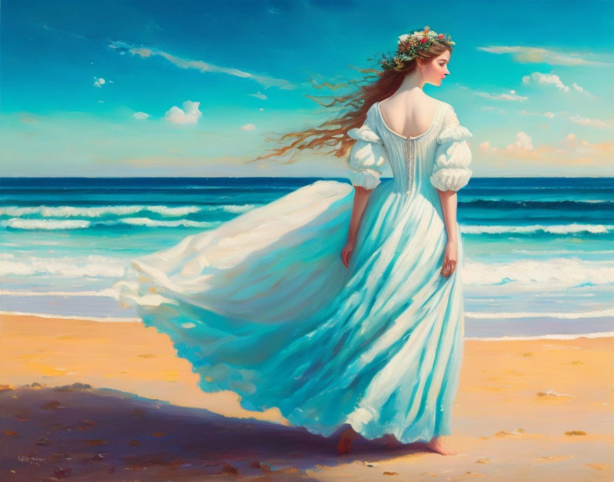 Woman in white and blue dress with flower wreath walks on sandy beach by the sea