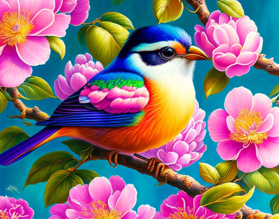 Colorful Bird Perched on Branch with Pink Blossoms in Teal Background