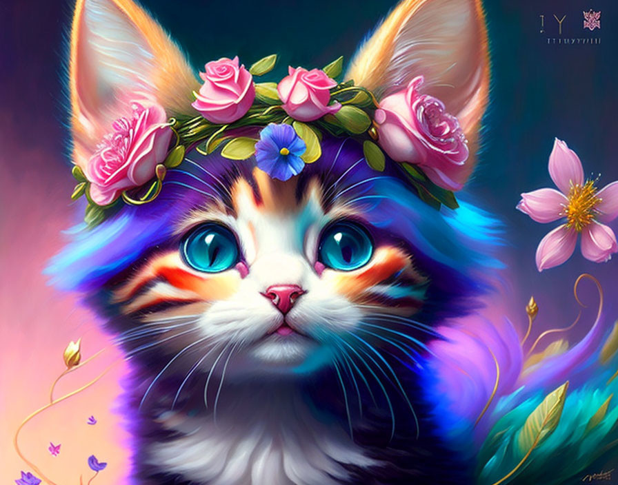 Vibrant digital painting of a kitten with a flower crown