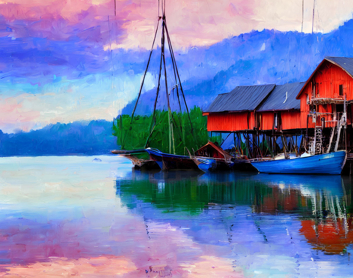 Vibrant impressionist painting: Red stilt house by calm waters, blue boats, forested
