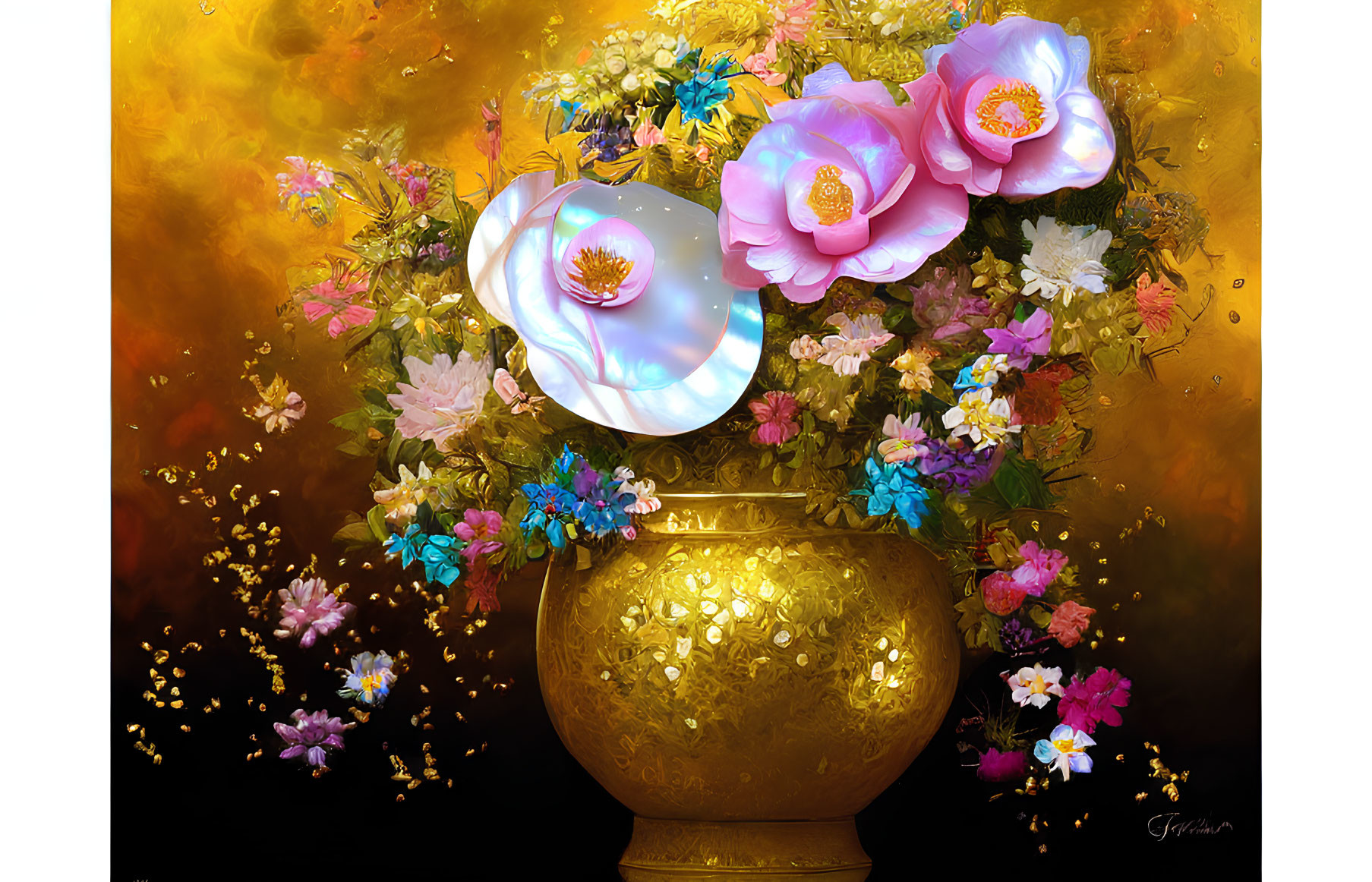 Colorful flowers in golden vase digital art piece.