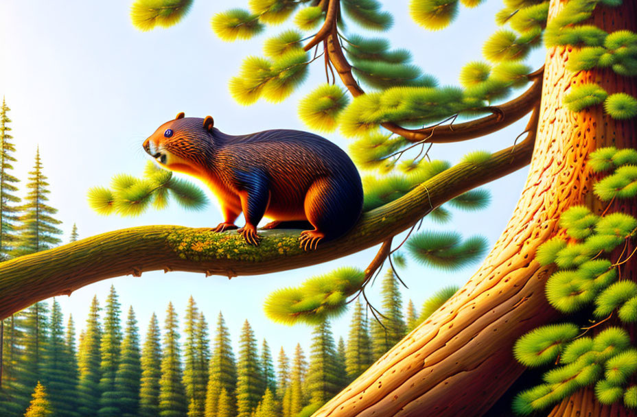 Vibrant squirrel illustration on tree branch in forest setting