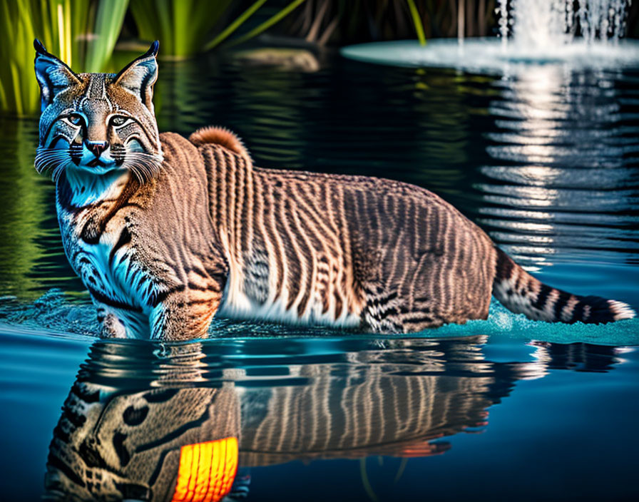 Bobcat standing in pool with striped reflection under blue light