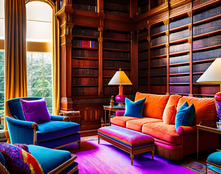 Luxurious library with plush seating and floor-to-ceiling bookshelves under natural light.
