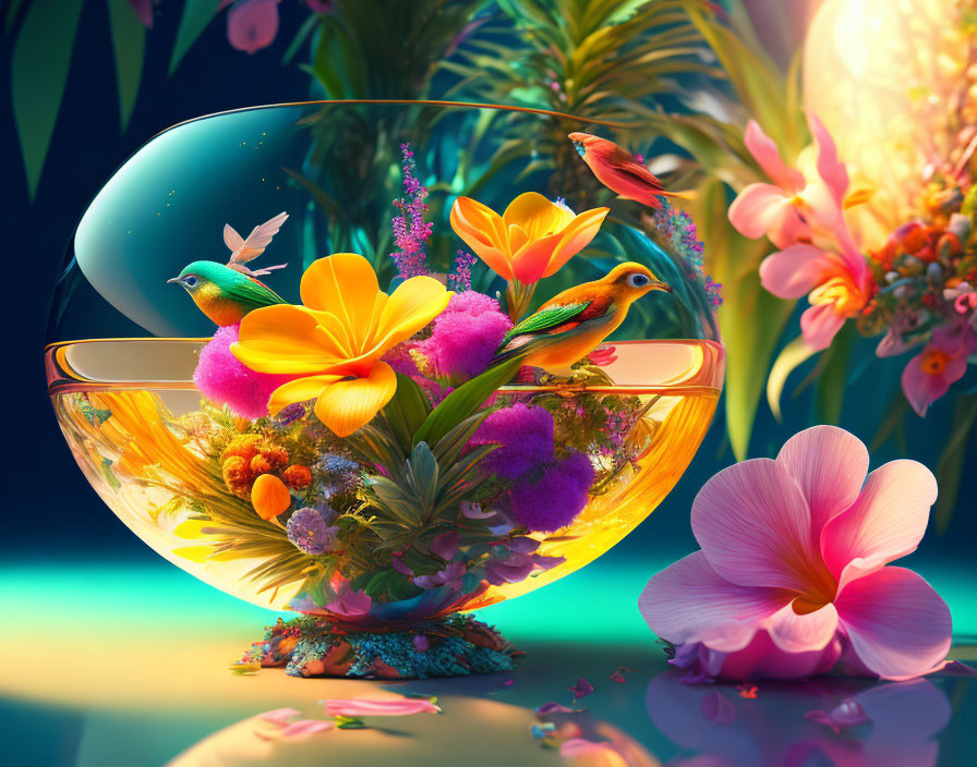 Colorful Flowers and Birds in Glass Bowl Against Tropical Backdrop