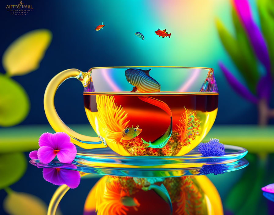 Colorful Digital Artwork: Tropical Fish in Teacup with Flowers