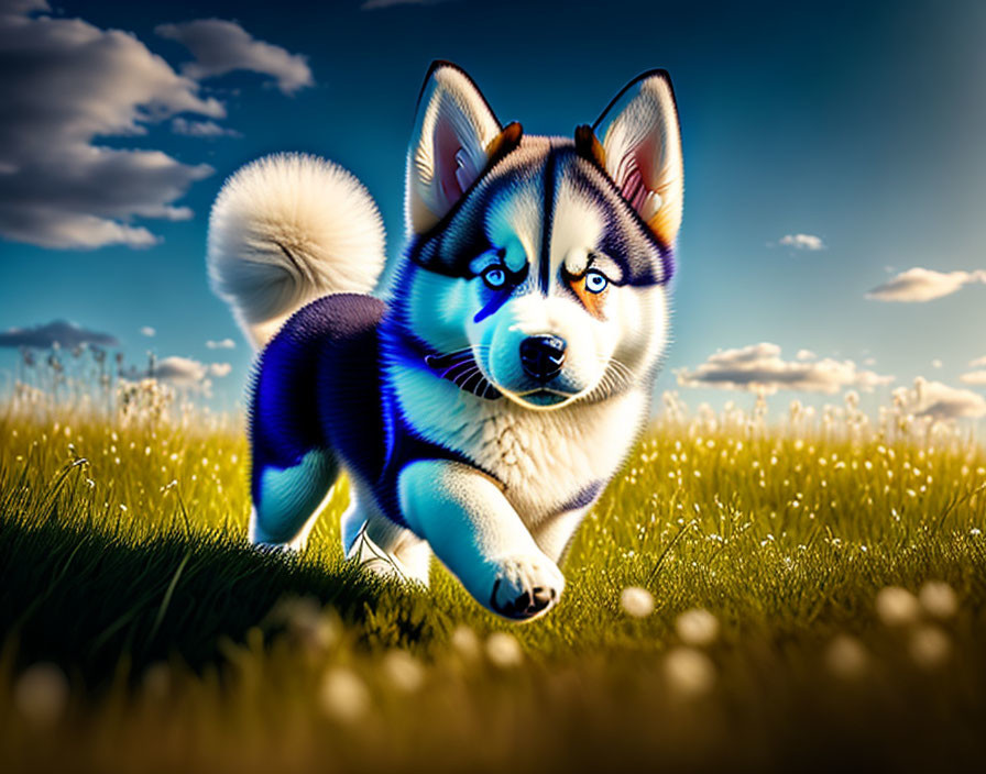 Digitally Rendered Husky Puppy with Striking Blue Eyes in Sunny Field