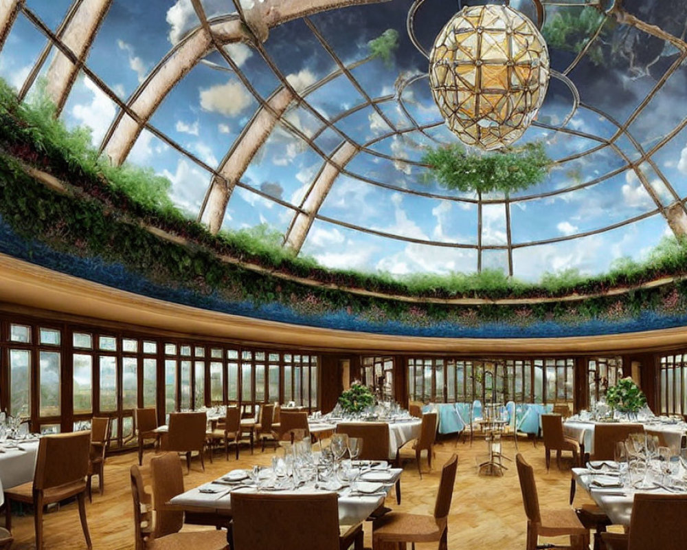Luxurious dining room with dome glass ceiling and lush greenery