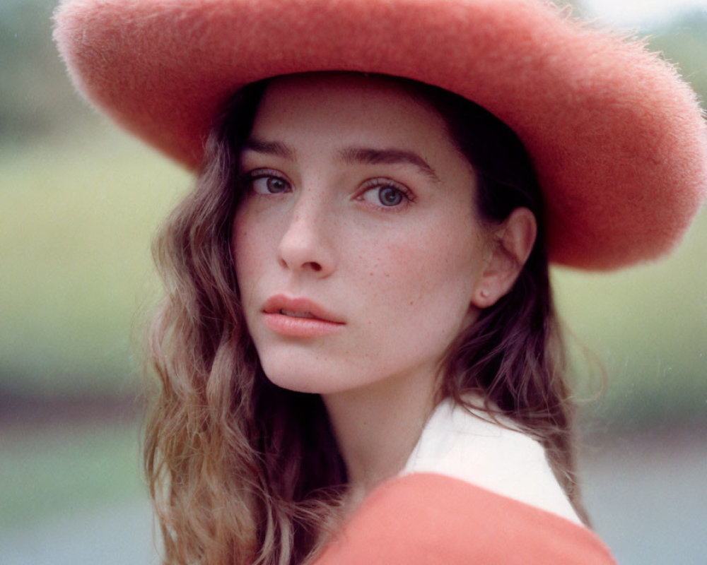 Freckled woman in large pink hat gazes at camera with loose, curled brown hair