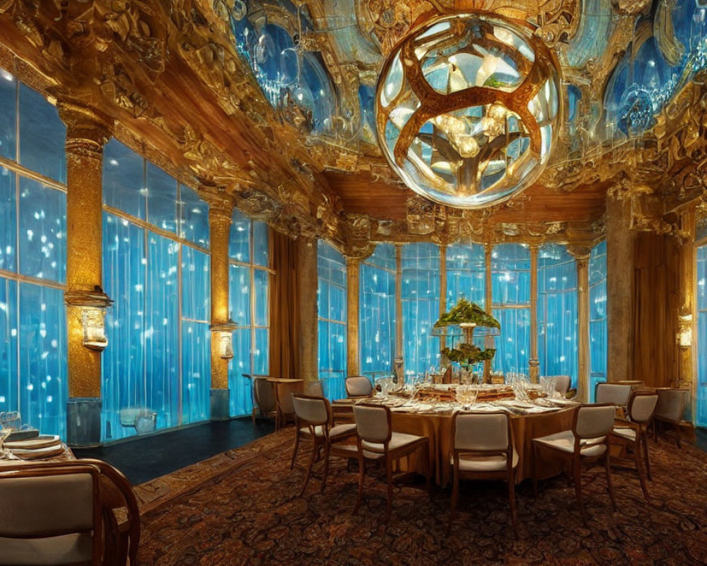 Luxurious Gold and Blue Dining Room with Ornate Chandeliers and Grand Table