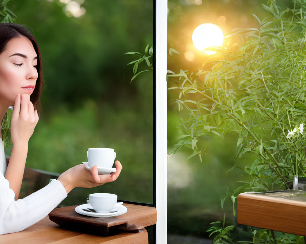Woman in white sweater savoring coffee by window at sunset
