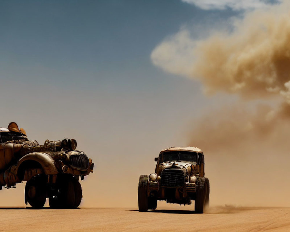 Modified vehicles racing in desert with smoke cloud