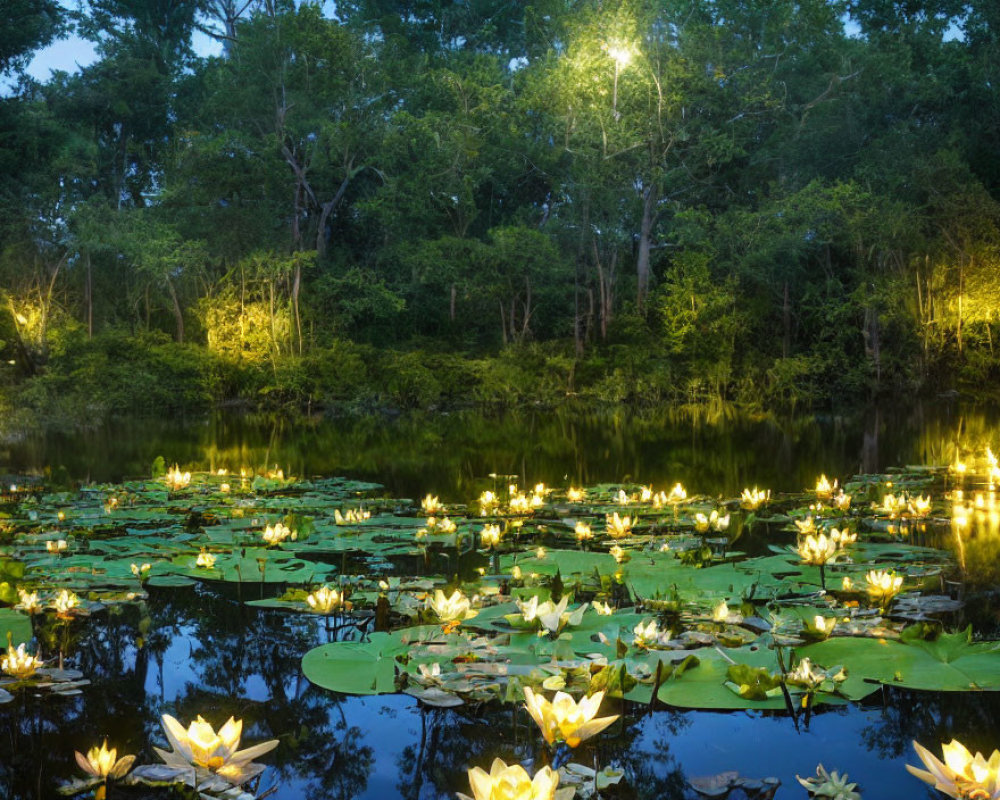 Tranquil pond at twilight with blooming water lilies and illuminated forest