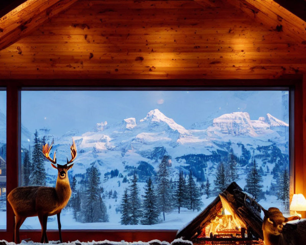 Warm Wooden Interior with Snowy Mountain View & Fireplace