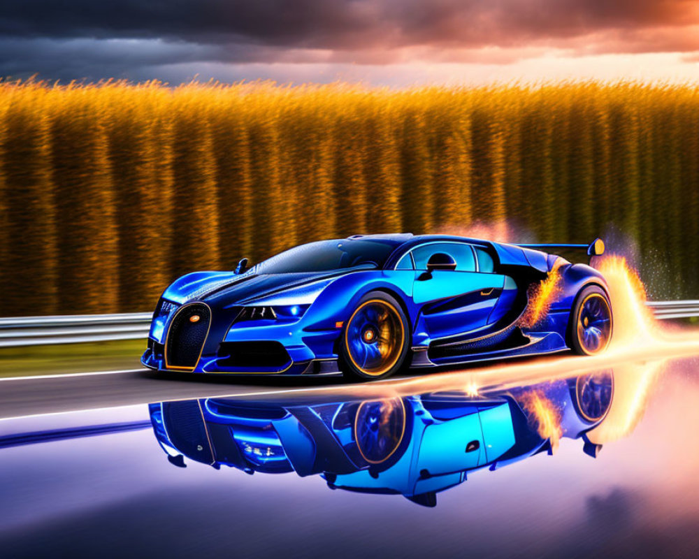 Blue sports car with fiery exhaust streaks on glossy track with sunset background