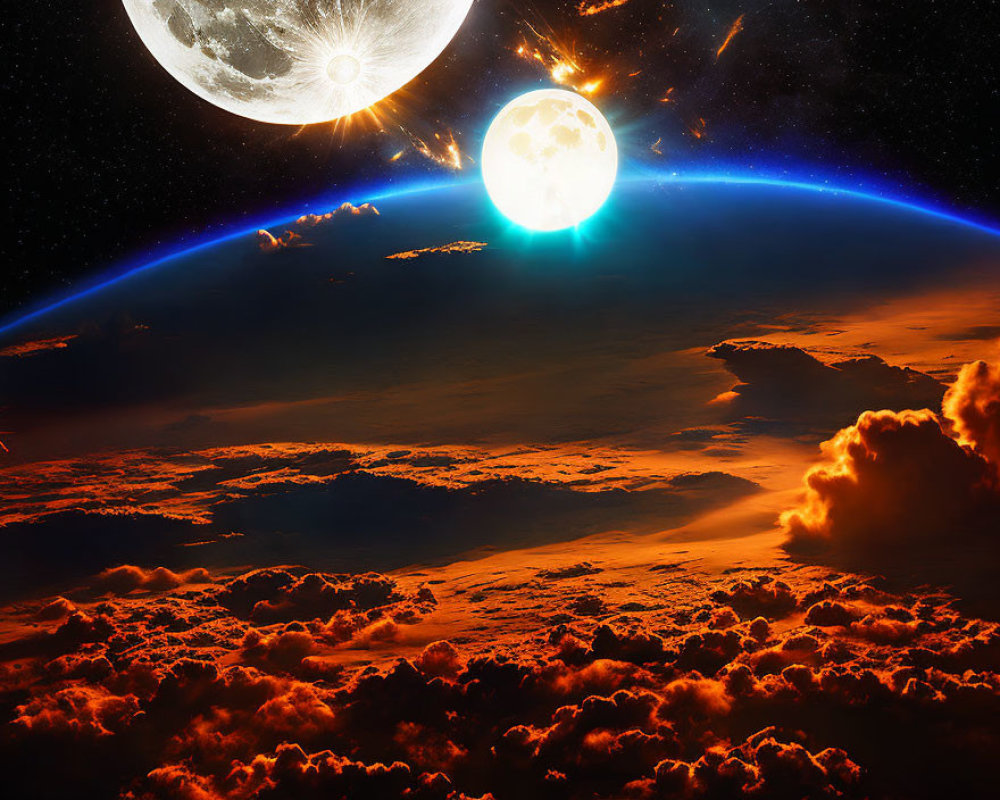 Digital artwork of Earth's horizon from space with sun, moons, nebulae, and orange cloud