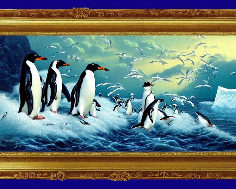Penguins and seabirds on ice floe in gold frame