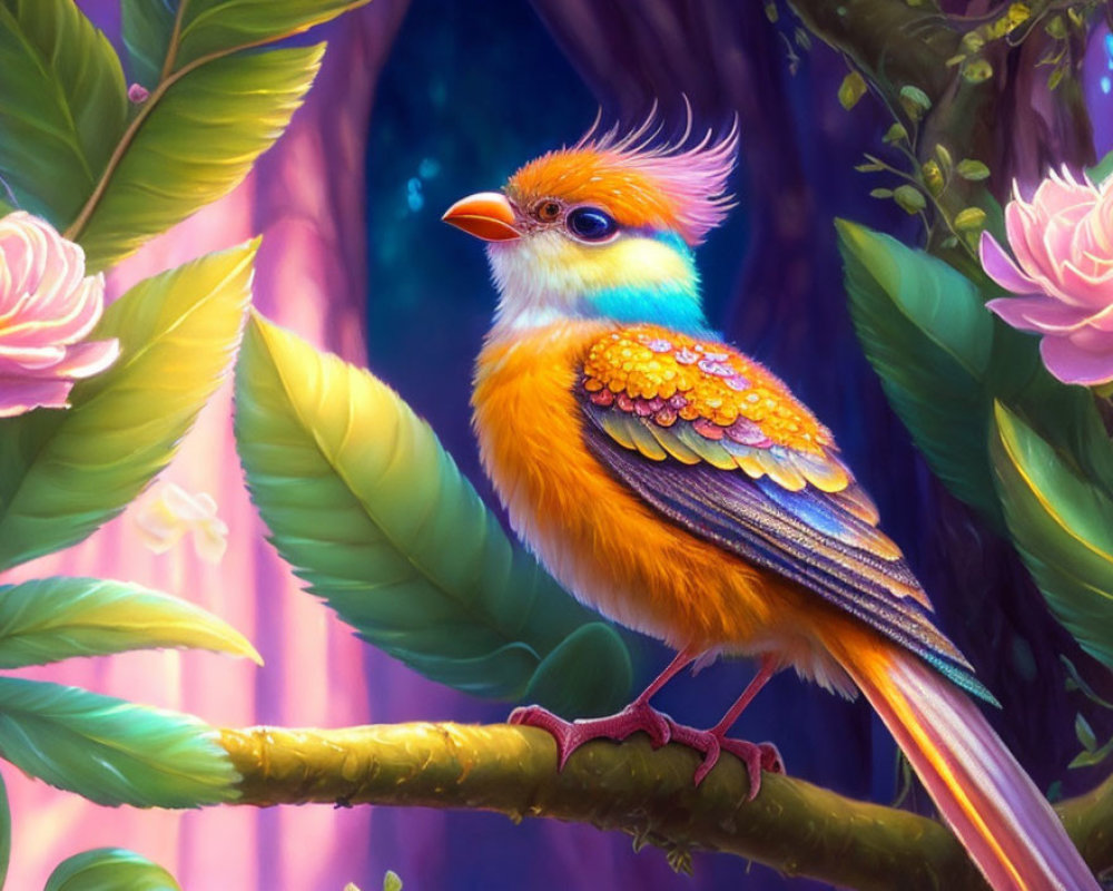 Colorful Bird with Orange and Teal Feathers in Enchanted Forest