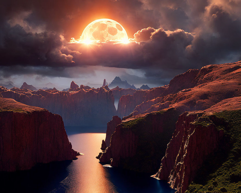 Dramatic landscape: Bright moon over red cliffs and river