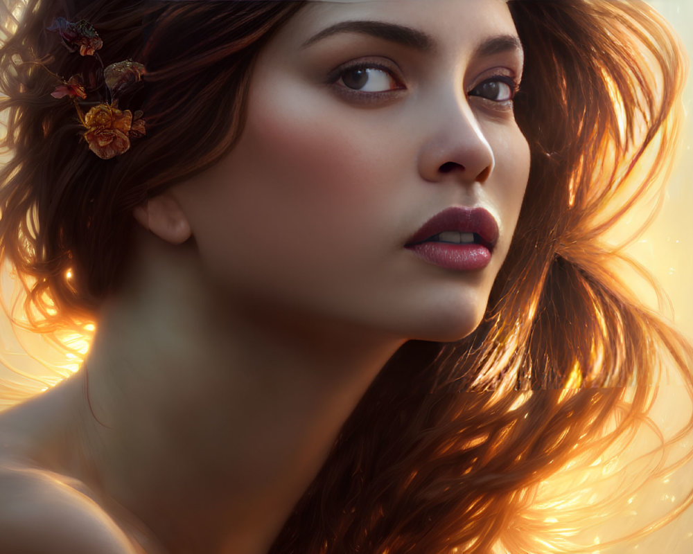 Close-up portrait of woman with glowing skin and flowers in hair