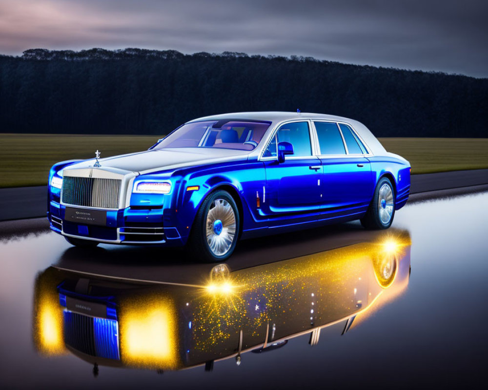 Luxury Rolls-Royce Sedan with Blue Illuminated Grille on Glossy Surface at D