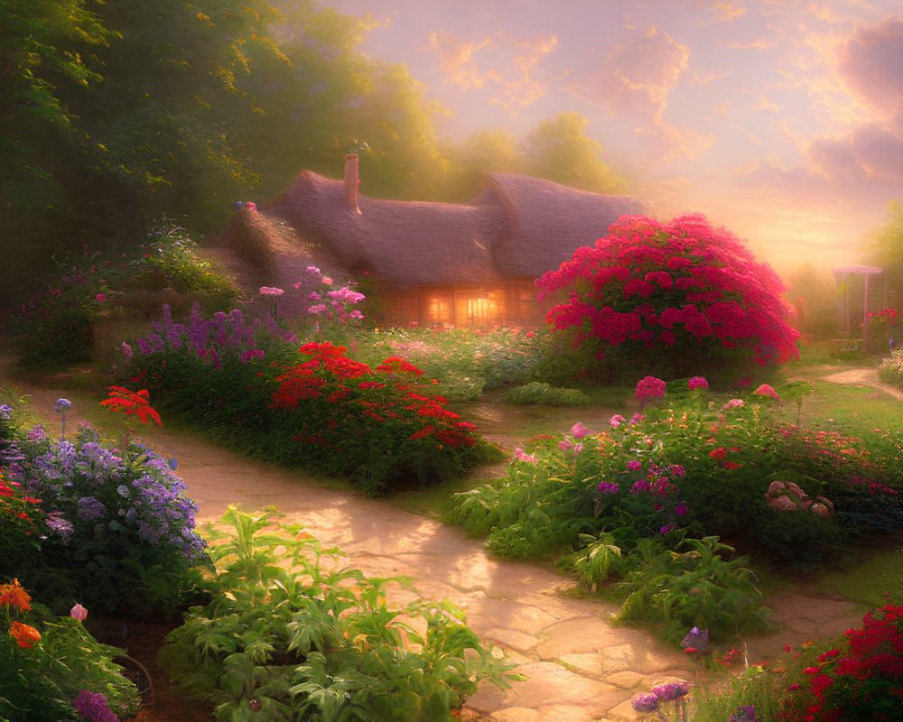 Thatched Cottage and Flowering Garden at Sunset