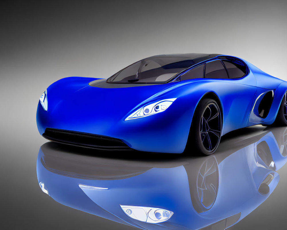 Blue concept sports car with futuristic design and smooth curves displayed on reflective surface