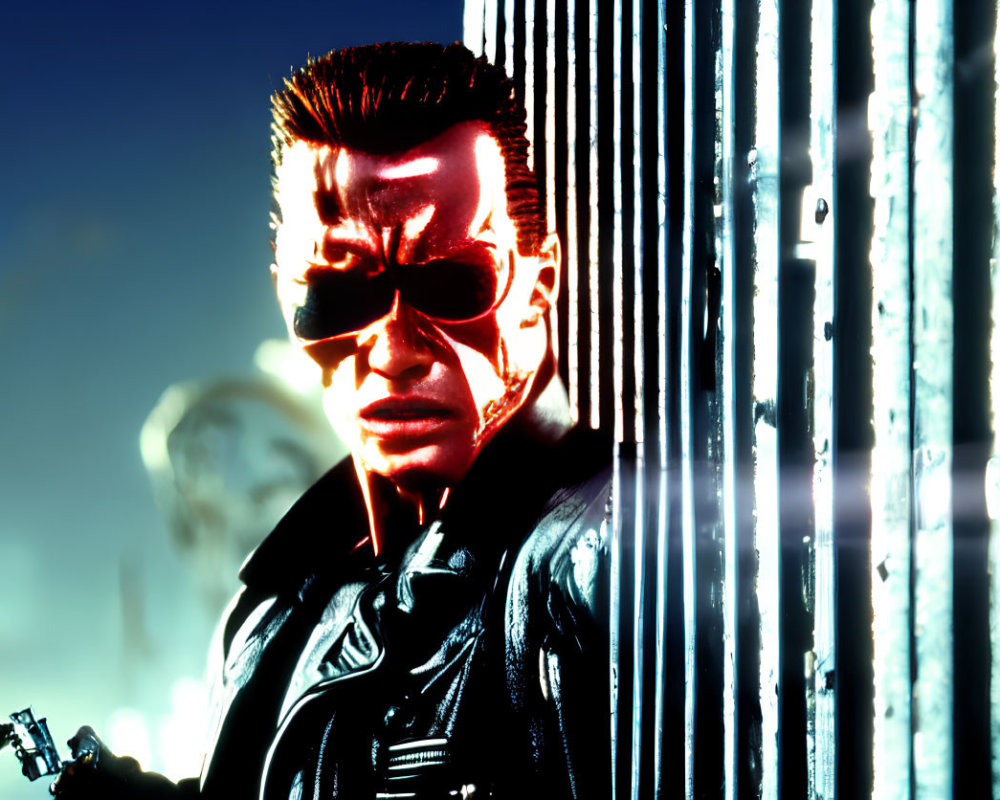 Cybernetic character with sunglasses, leather jacket, gun, and metal barrier.