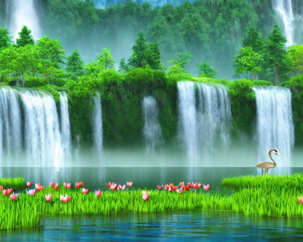 Tranquil landscape with swan, pink flowers, and waterfalls