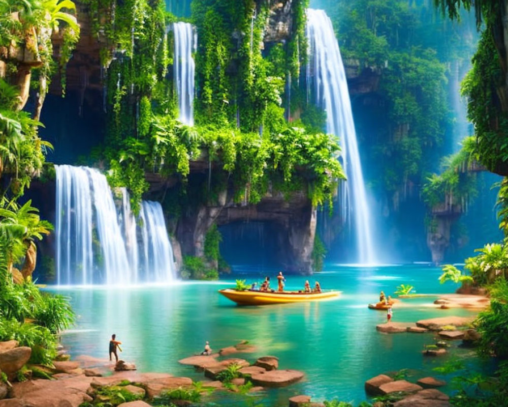 Group of People in Boat Admiring Double Waterfall in Lush Jungle
