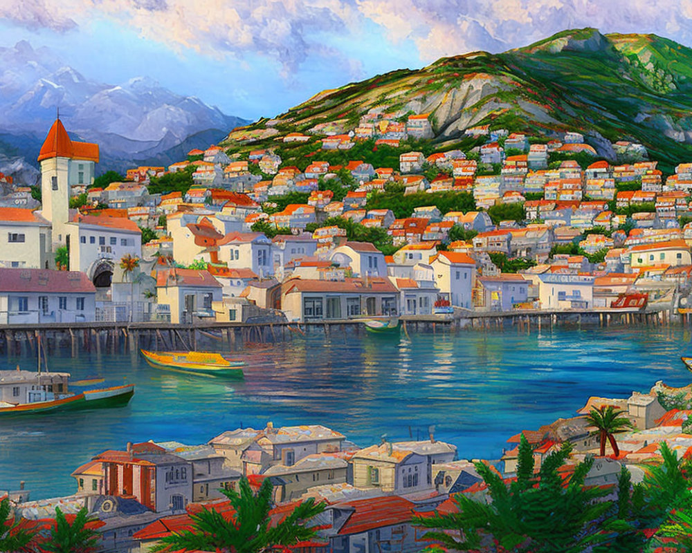 Scenic coastal town with terracotta rooftops, bay, boats, and mountains.