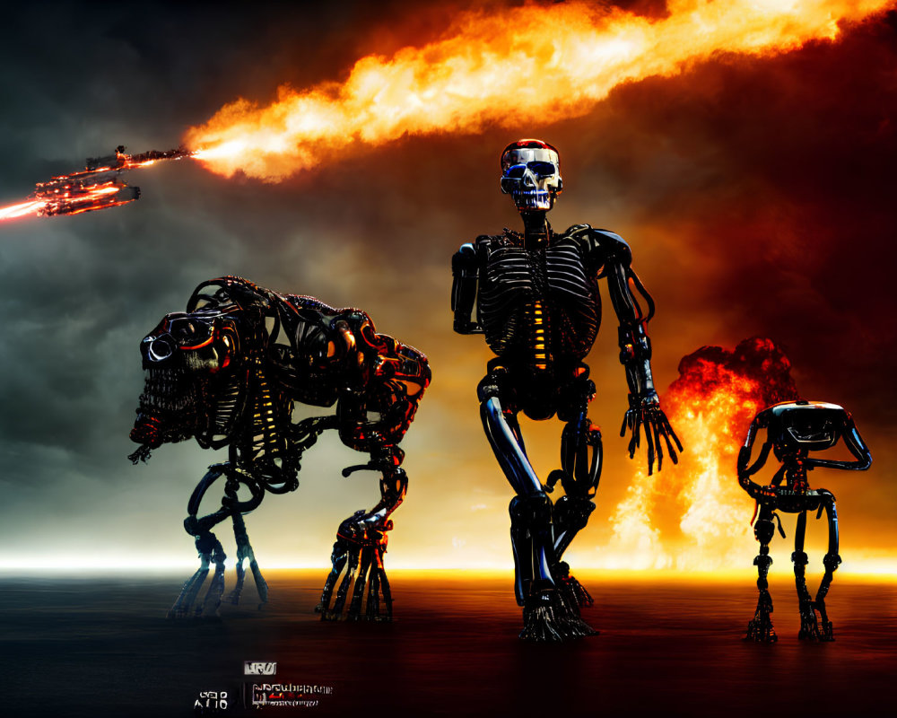 Sci-fi robotic skeletons in fiery sky with laser-firing flying vehicle