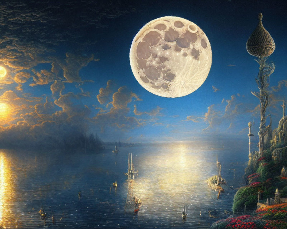 Fantasy Landscape with Oversized Moon, Sun, Water Reflections, Whimsical Architecture, Star