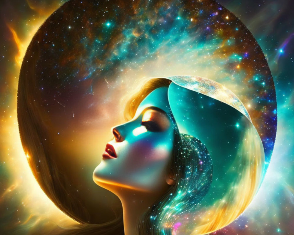 Woman's profile merges with cosmic starscape in digital artwork