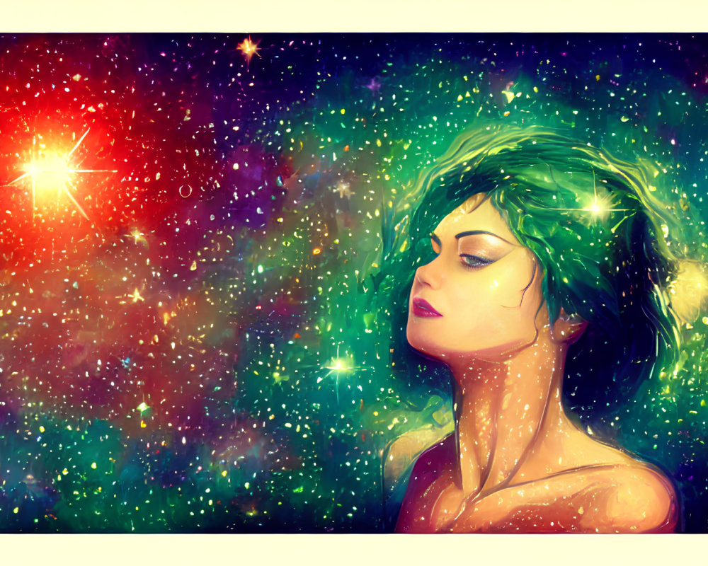 Vibrant digital portrait of woman with green hair in cosmic background.