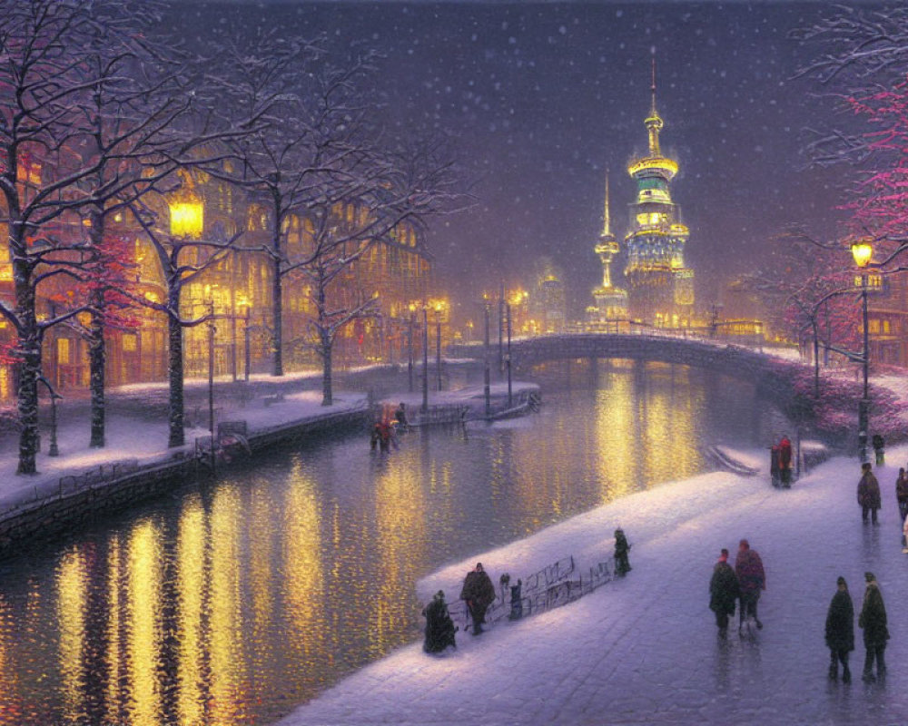 Snow-covered cityscape with warm-lit buildings, canal, pedestrians, and towering spire under purple