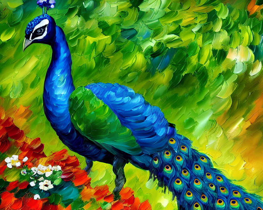 Colorful peacock painting with vibrant blue body and detailed feathers on impressionistic green and red background