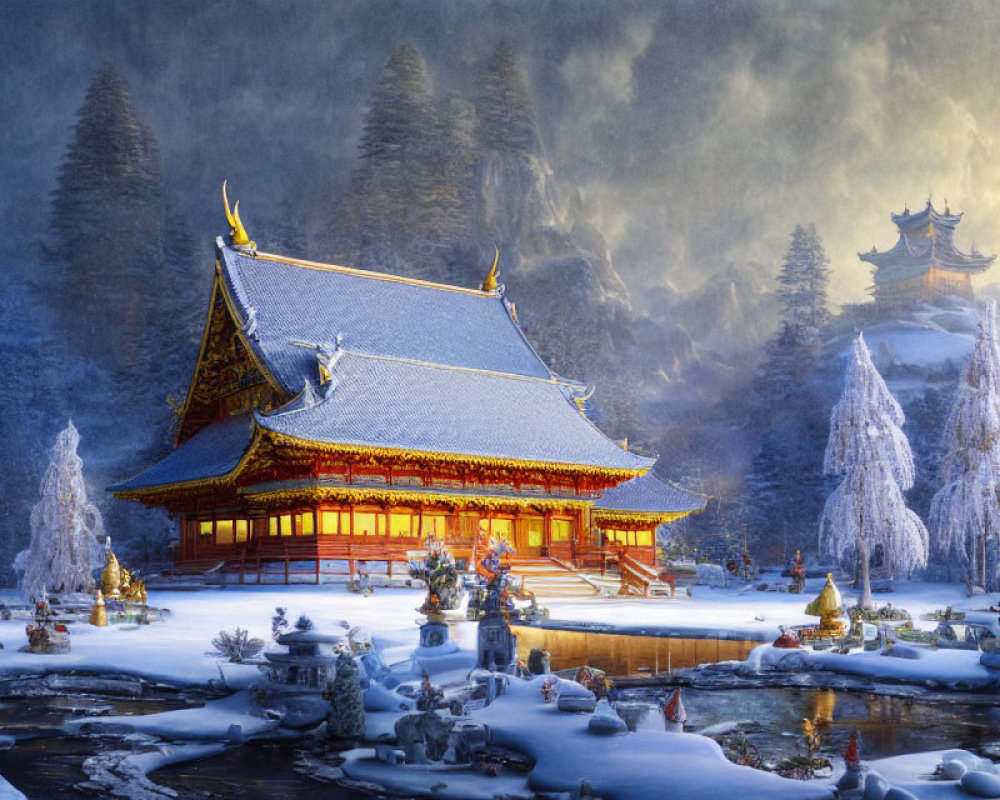 Traditional building with golden accents in snowy landscape.