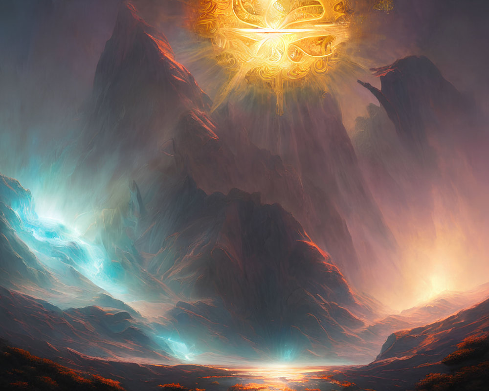 Fantastical landscape with glowing mystical symbols and craggy mountain peaks