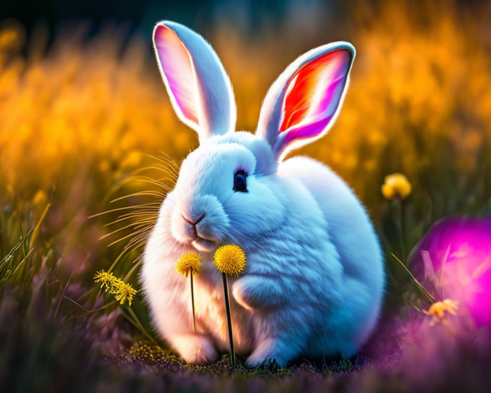 White Rabbit with Pink Ears Among Yellow Flowers in Dreamy Field