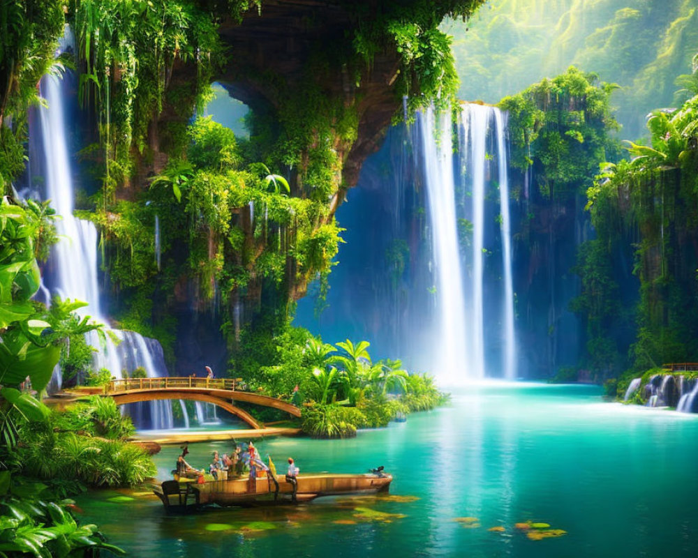 Tropical Waterfall with Wooden Bridge and Boat in Blue Lagoon