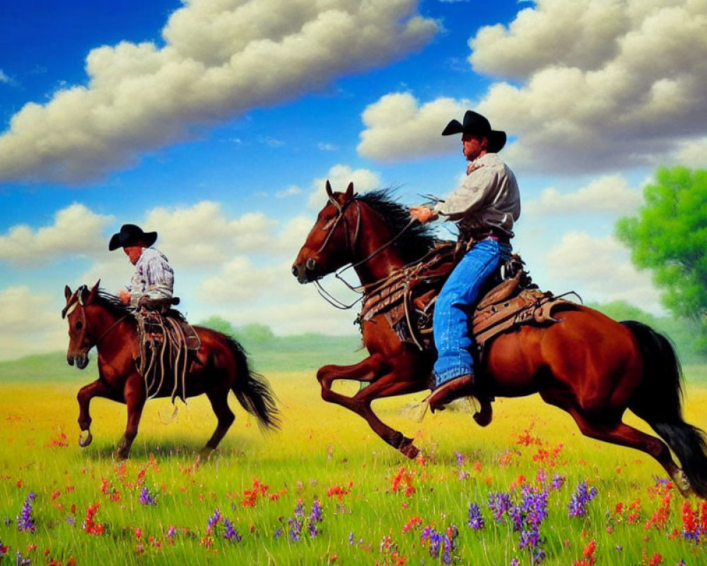 Cowboys on horses in colorful meadow under bright sky