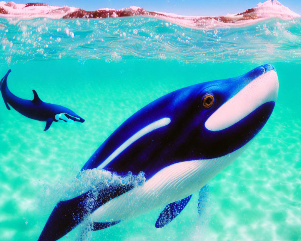 Colorful Underwater Scene with Orca and Dolphin in Turquoise Waters