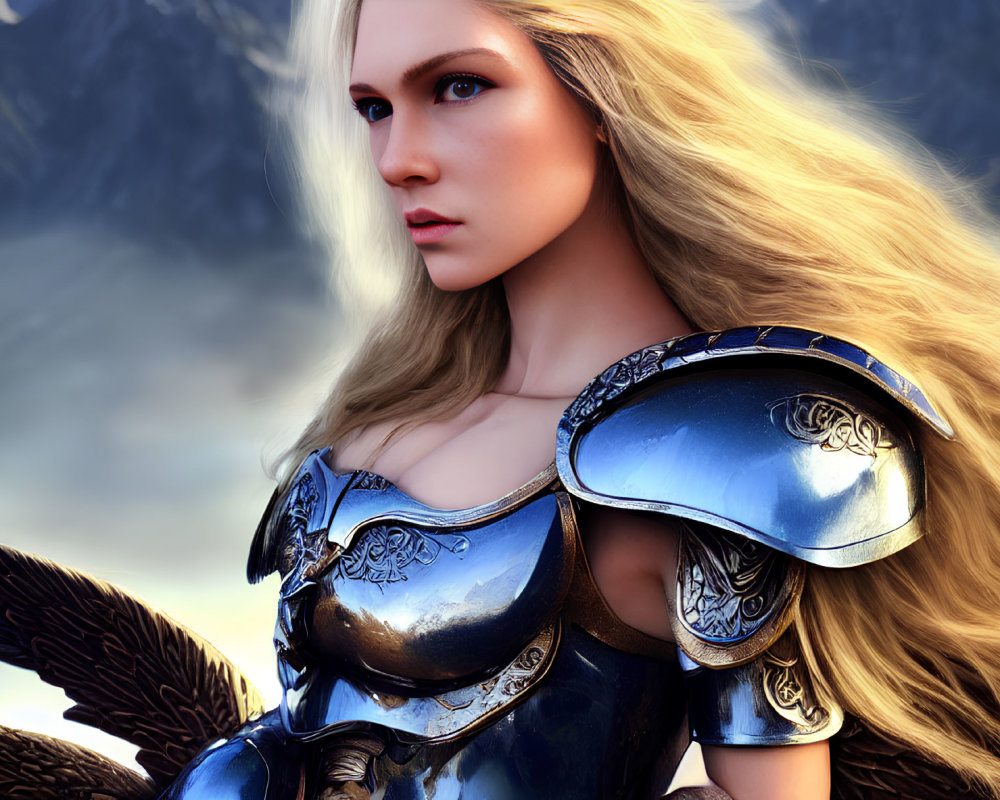 Blonde woman in blue armor with feathered wings