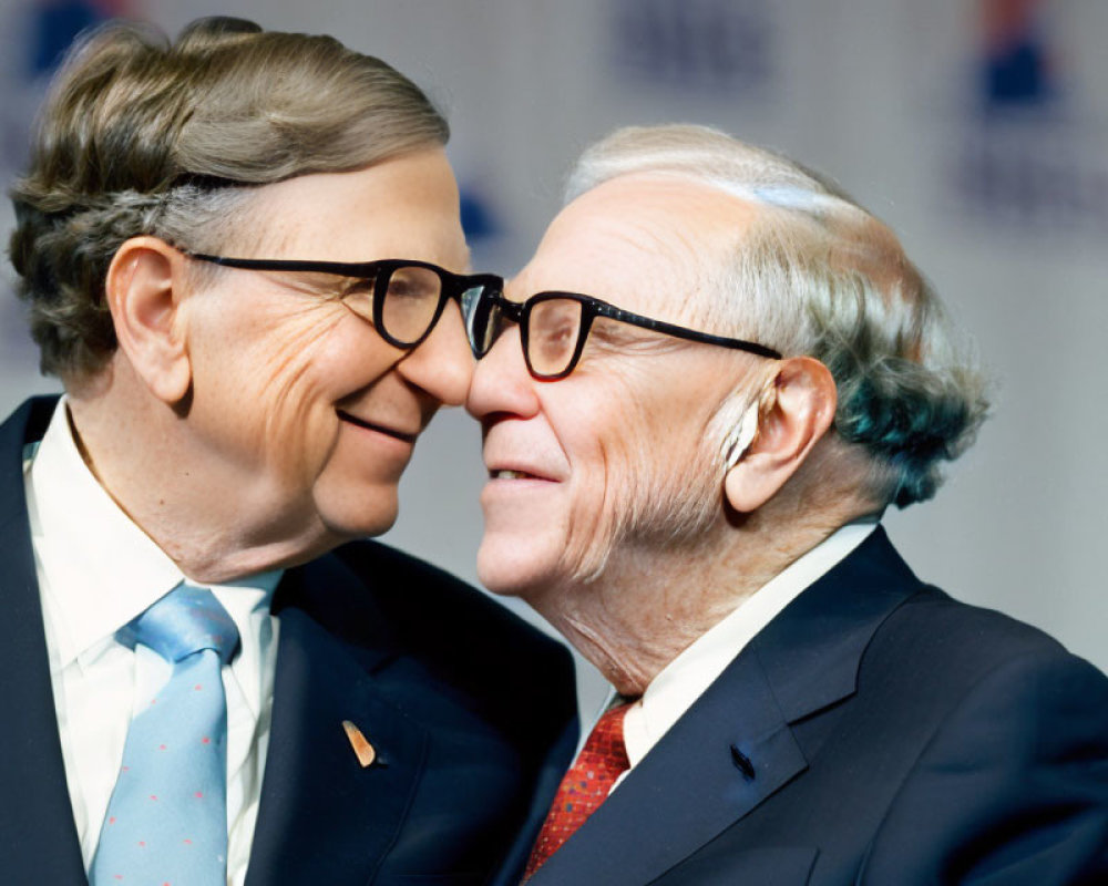 Two older men in glasses, one whispering, in professional attire on blue backdrop
